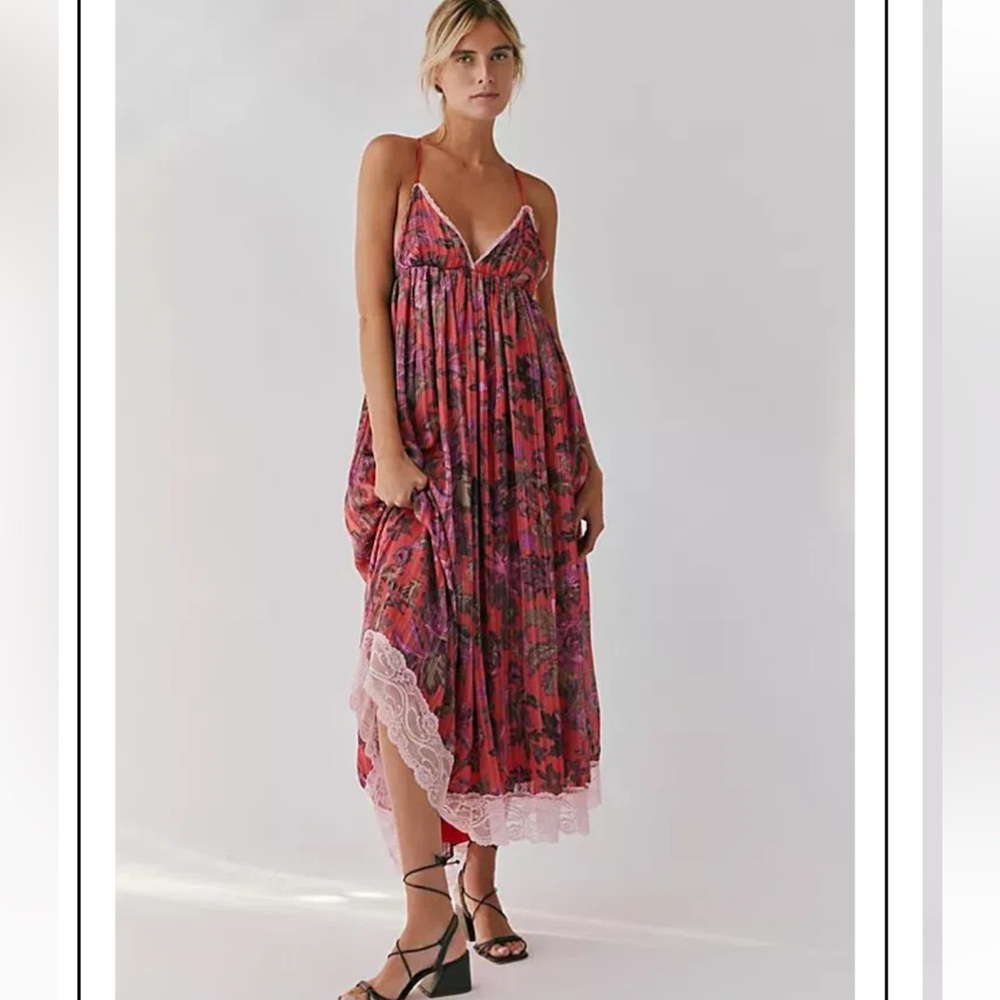 Free People Red Floral Slip Midi Dress with Pink Lace Trim